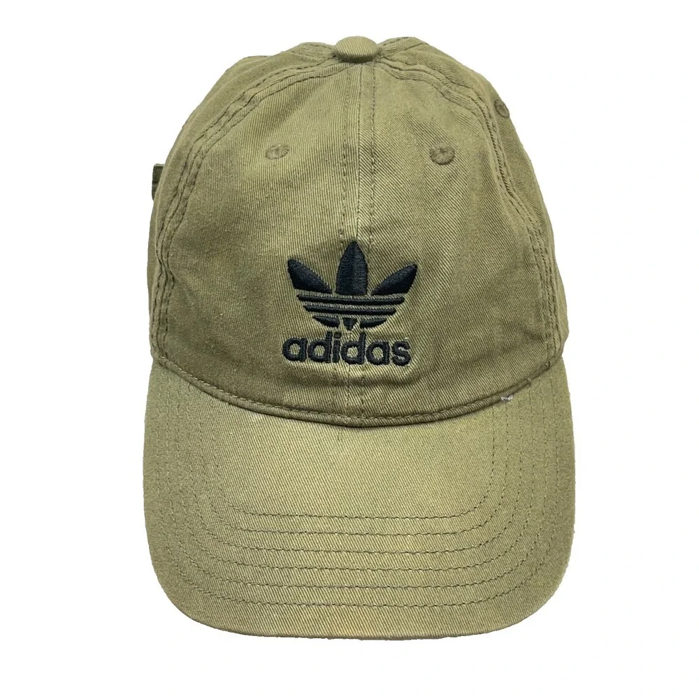 Adidas Hat Cap Strap Back Olive Green Black Trefoil Dad Twill VTG Y2K Faded